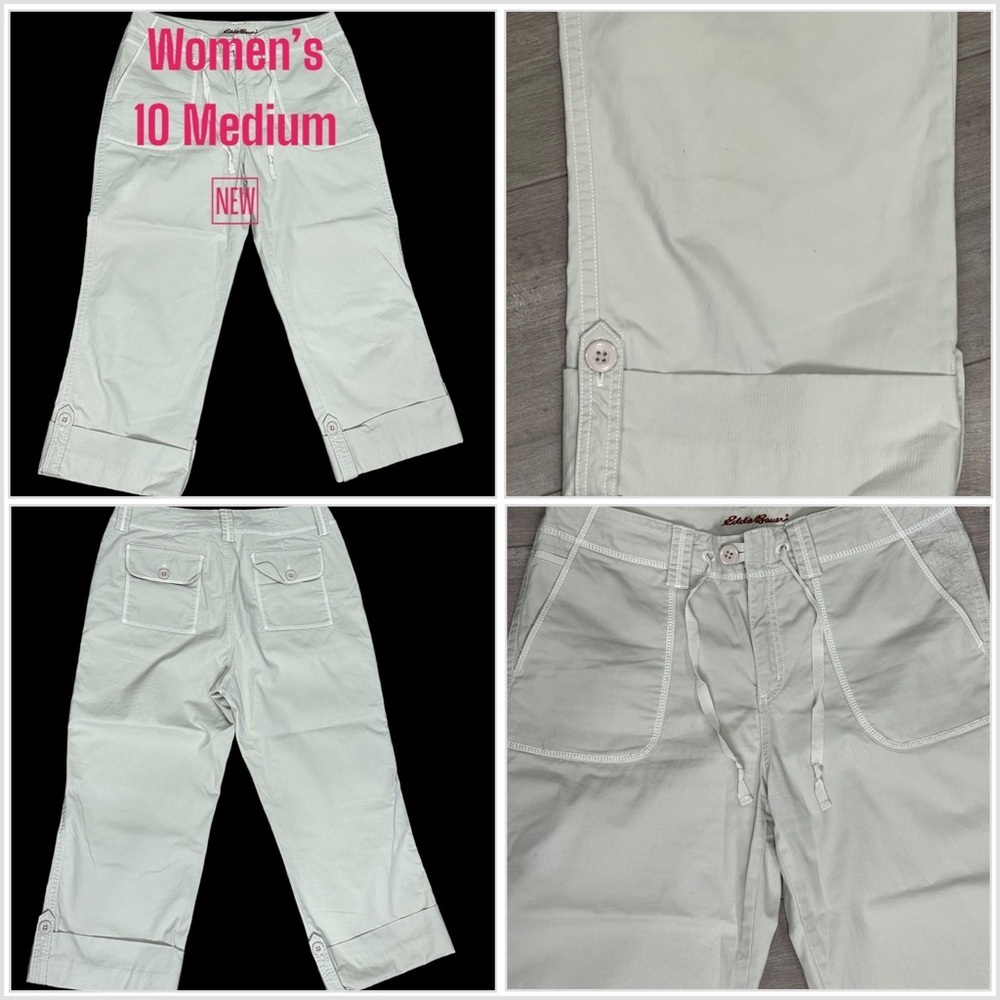 Women's Eddie Bauer 10 Medium Capri Pants Chino Khakis Twill Stretch Cream NWOT